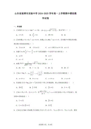 山东省淄博市实验中学2024-2025学年高一上学期期中模拟数学试卷.pdf