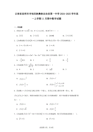 云南省昆明市寻甸回族彝族自治县第一中学2024-2025学年高一上学期11月期中数学试题.pdf