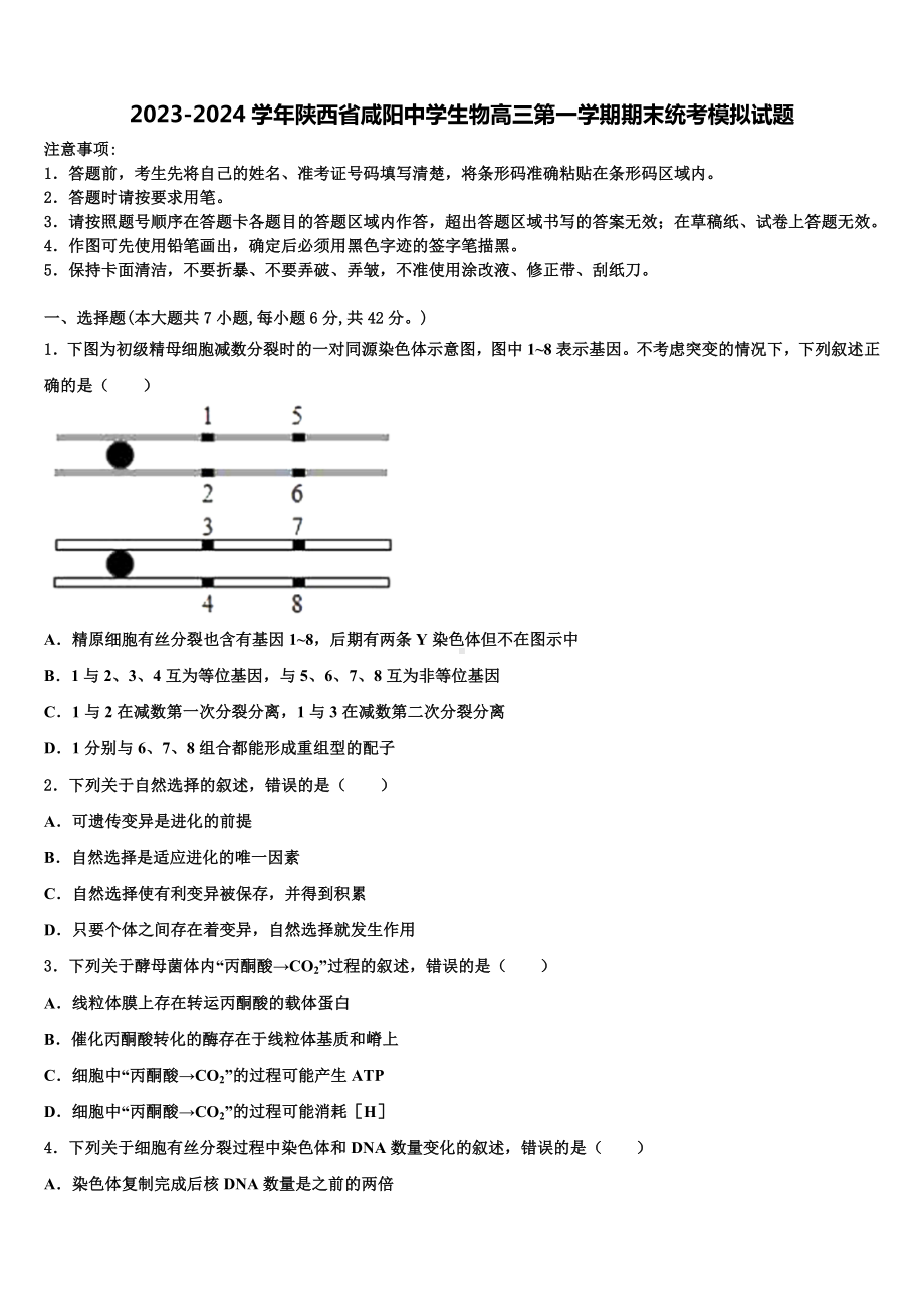 2023-2024学年陕西省咸阳中学生物高三第一学期期末统考模拟试题含解析.doc_第1页