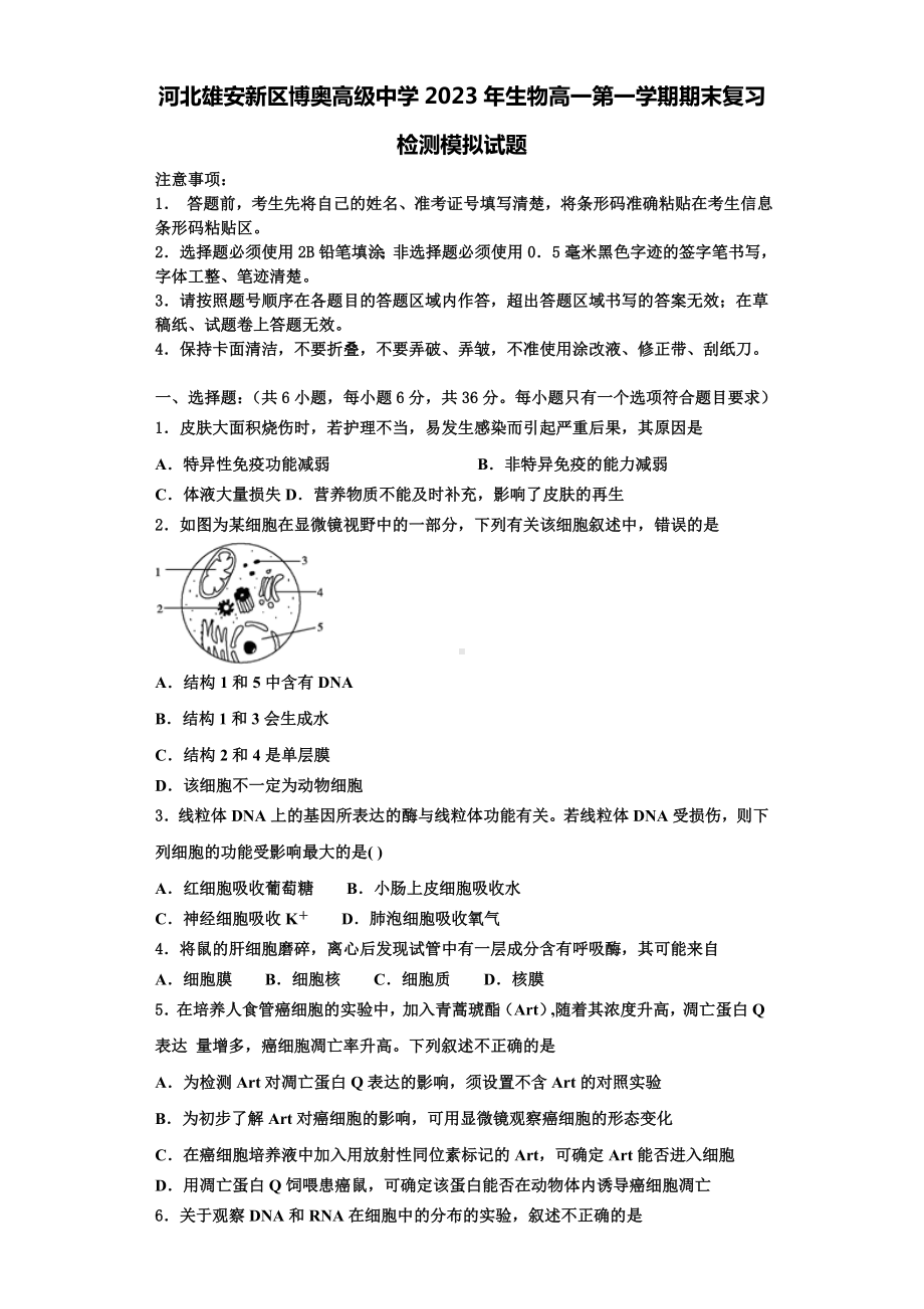 河北雄安新区博奥高级中学2023年生物高一第一学期期末复习检测模拟试题含解析.doc_第1页