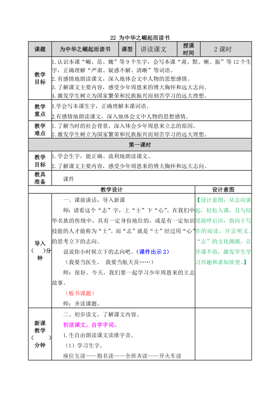 22 为中华之崛起而读书 ppt课件+教案-（部）统编版四年级上册《语文》.rar