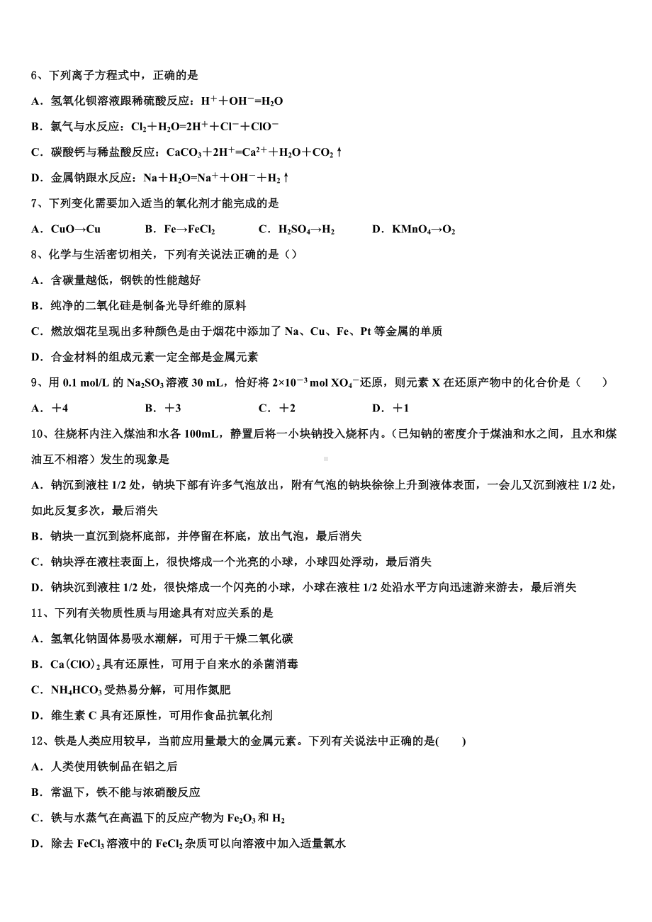 湖北省宜昌市2023-2024学年高一化学第一学期期末质量跟踪监视试题含解析.doc_第2页