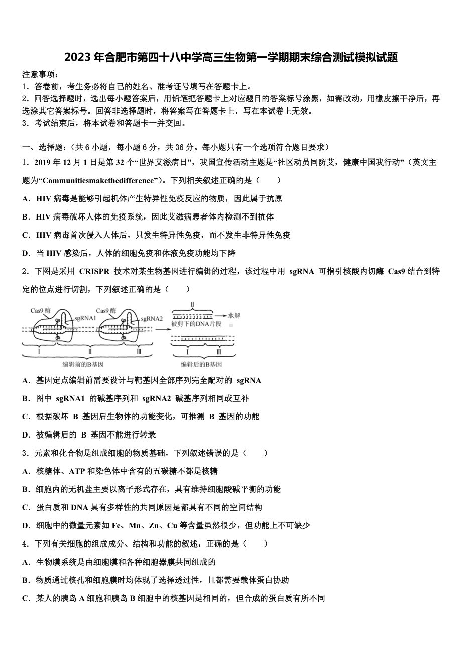 2023年合肥市第四十八中学高三生物第一学期期末综合测试模拟试题含解析.doc_第1页