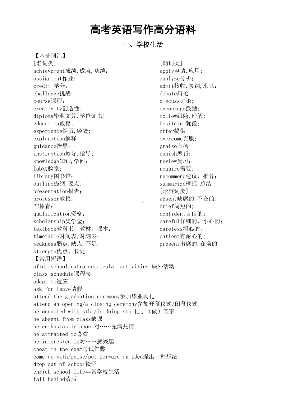 高中英语2025届高考写作高分语料系列（基础词汇+常用短语+高分佳句）（学校生活+语言学习+文化习俗+文娱体育）.doc_第1页