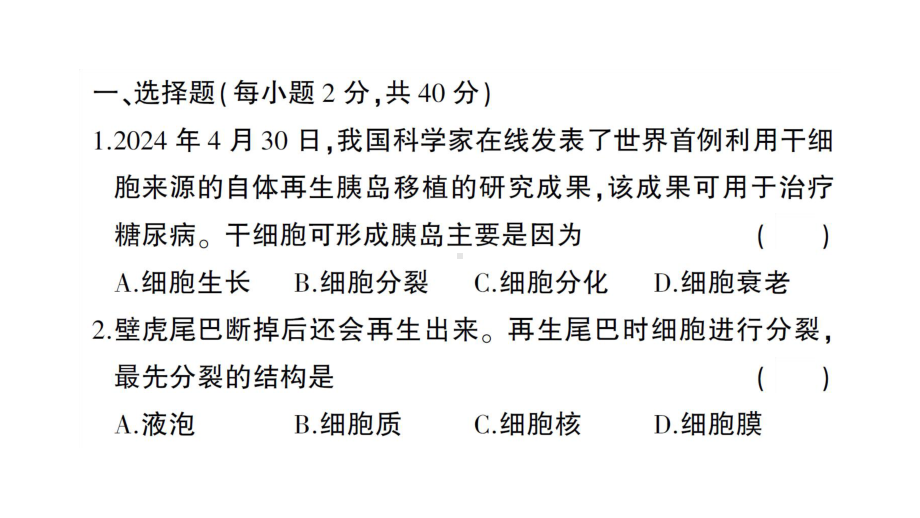 初中生物新人教版七年级上册第一单元第三章 从细胞到生物体综合训练作业课件2024秋.pptx_第2页