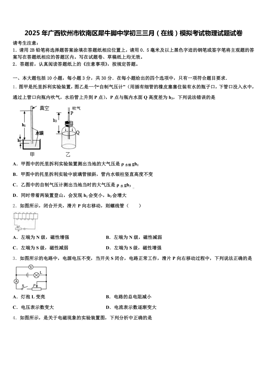 2025年广西钦州市钦南区犀牛脚中学初三三月(在线)模拟考试物理试题试卷含解析.doc_第1页