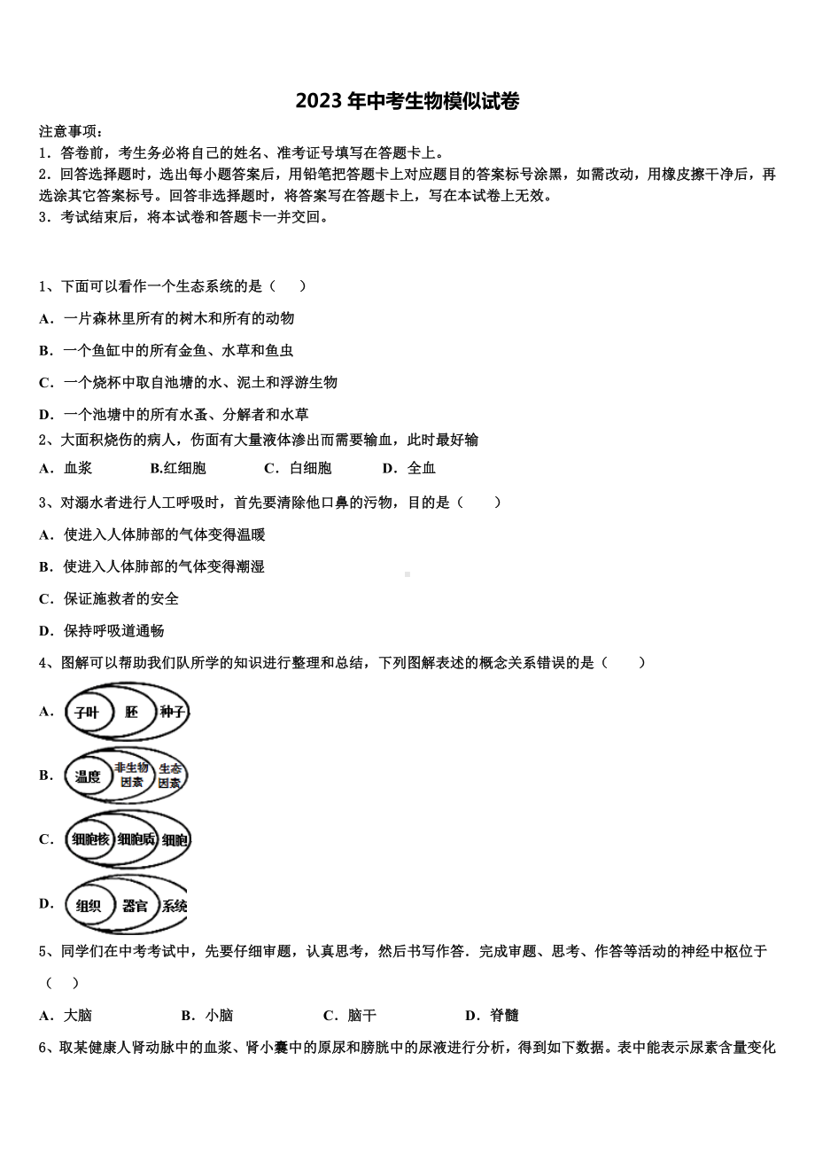 2023届赣州市重点中学中考四模生物试题含解析.doc_第1页