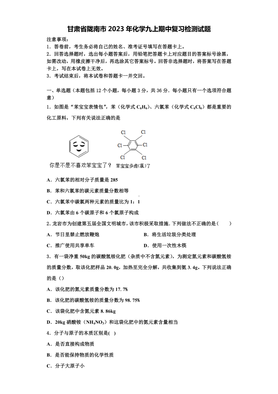 甘肃省陇南市2023年化学九上期中复习检测试题含解析.doc_第1页