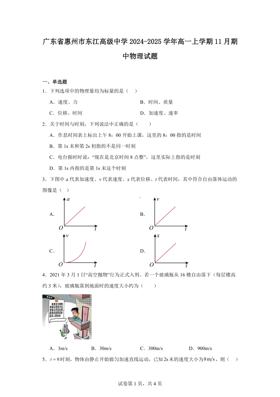 广东省惠州市东江高级中学2024-2025学年高一上学期11月期中物理试题.docx_第1页