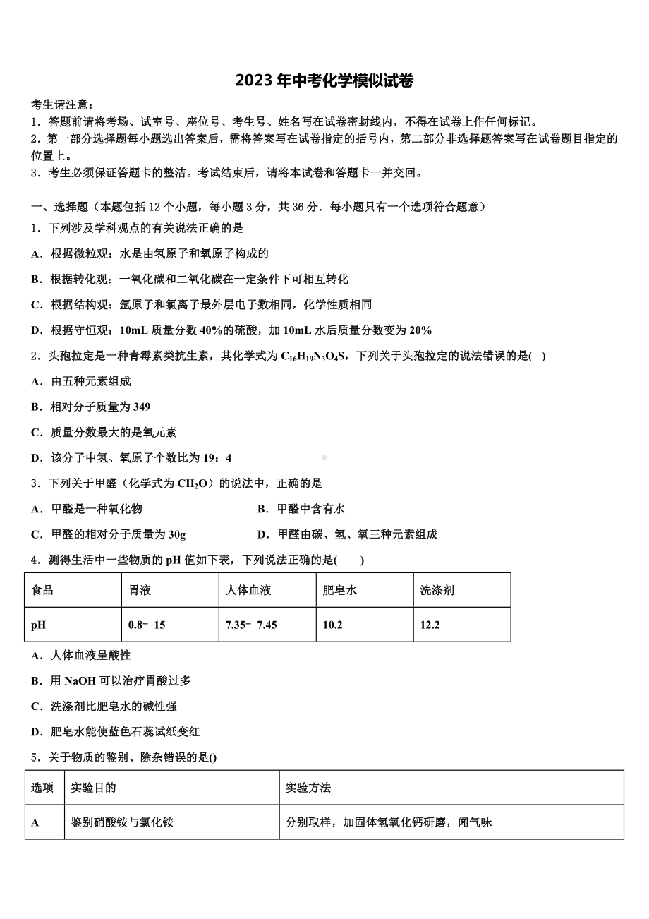 2022-2023学年北京市丰台区第十二中学中考化学模拟试题含解析.doc_第1页