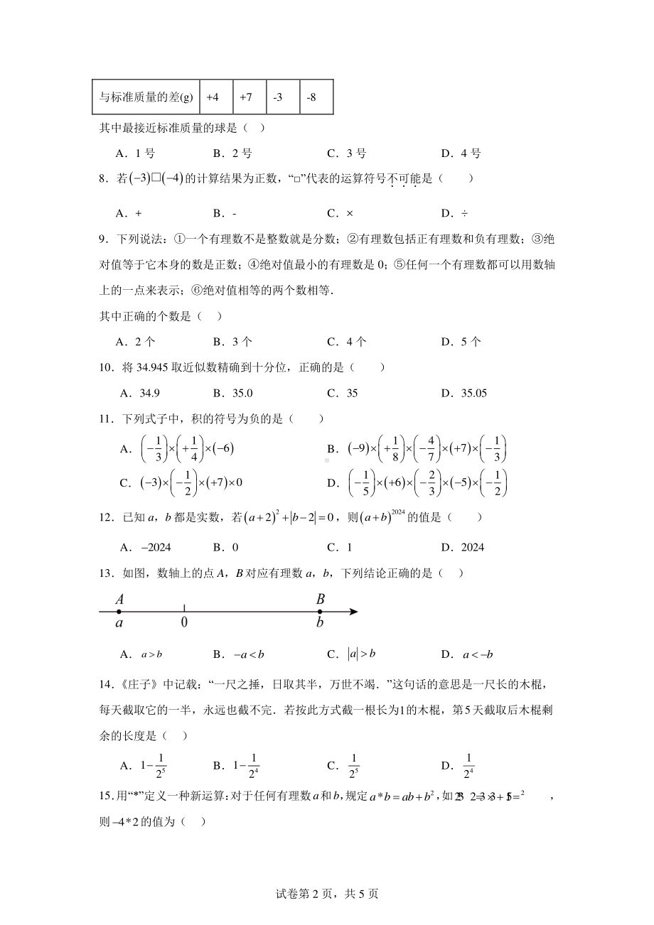 云南省曲靖市沾益区民族中学2024-2025学年七年级上学期数学质量检测.pdf_第2页