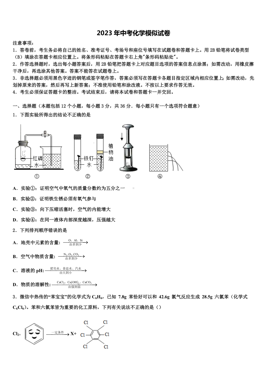 江苏省盐城市东台市第一教研片2023年中考化学对点突破模拟试卷含解析.doc_第1页