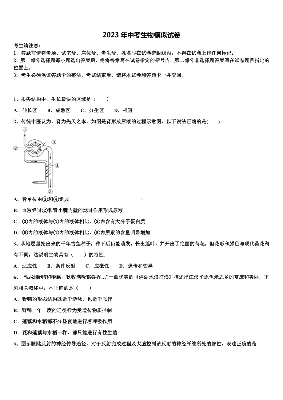 四川省眉山市东坡区苏洵初级中学2022-2023学年中考二模生物试题含解析.doc_第1页