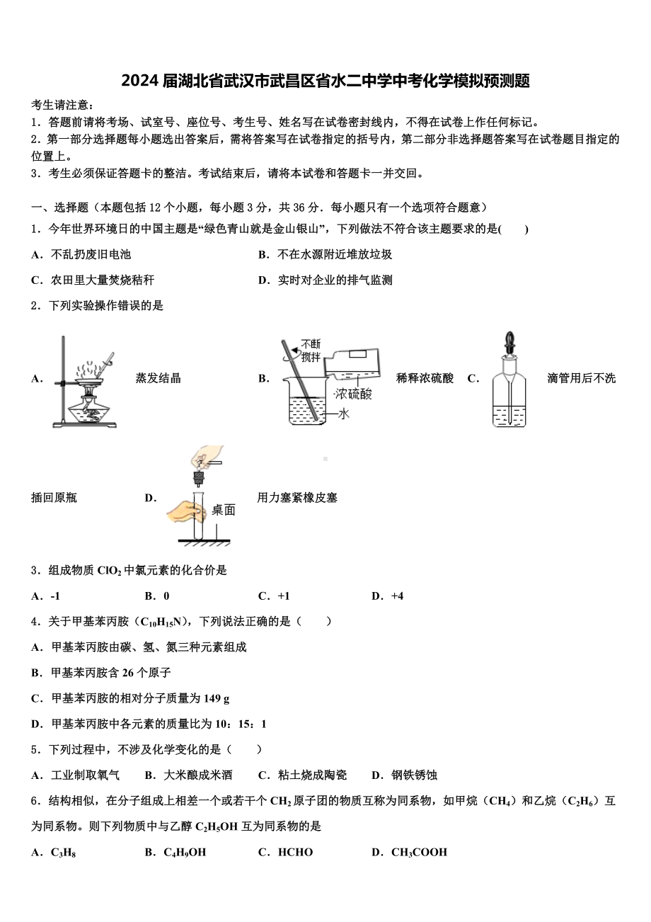 2024届湖北省武汉市武昌区省水二中学中考化学模拟预测题含解析.doc_第1页