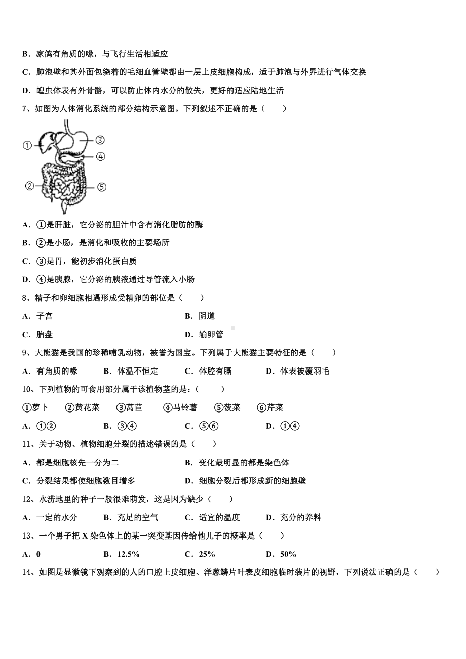 2022-2023学年福建省师范大泉州附属中学中考生物最后一模试卷含解析.doc_第2页