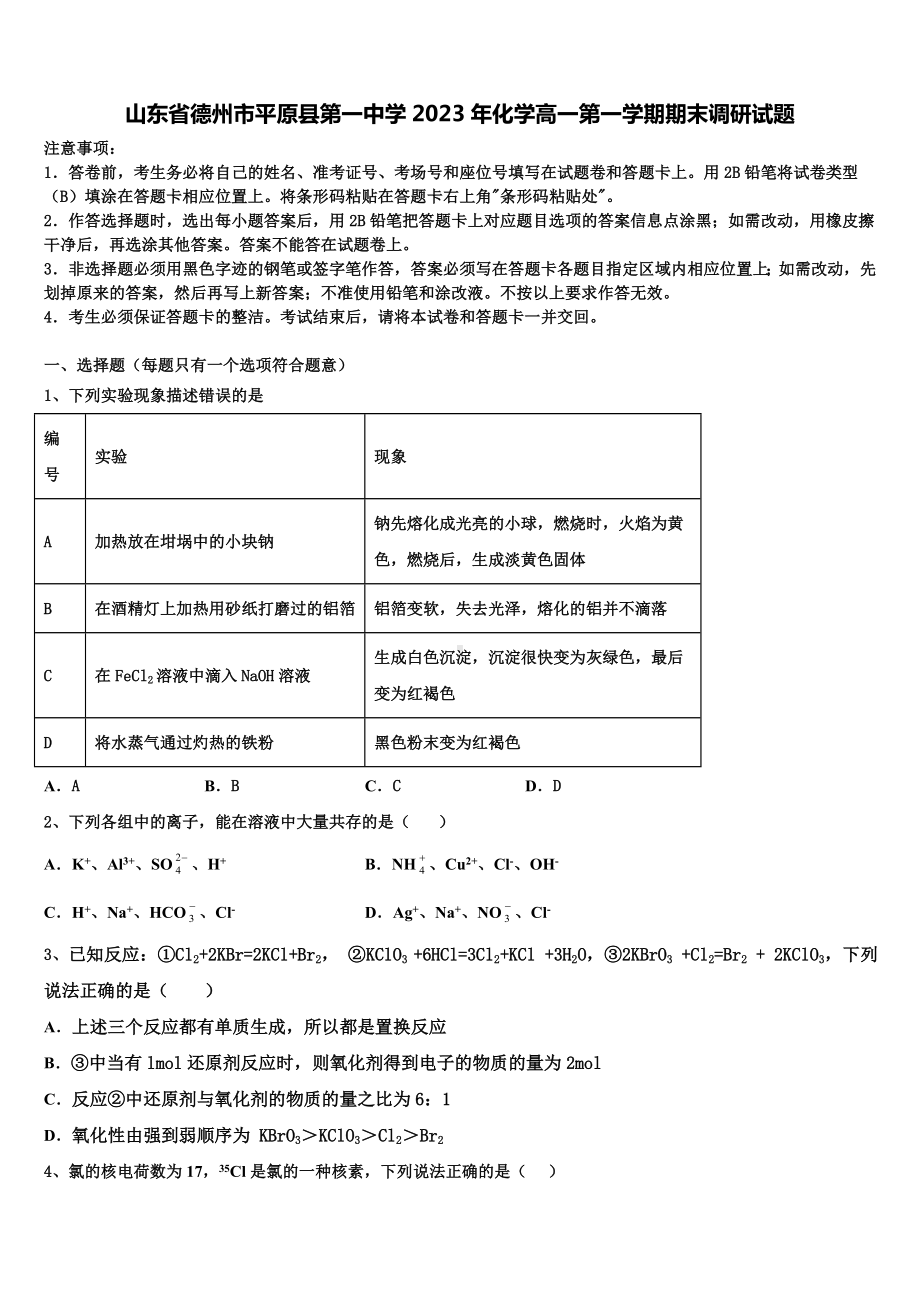 山东省德州市平原县第一中学2023年化学高一第一学期期末调研试题含解析.doc_第1页