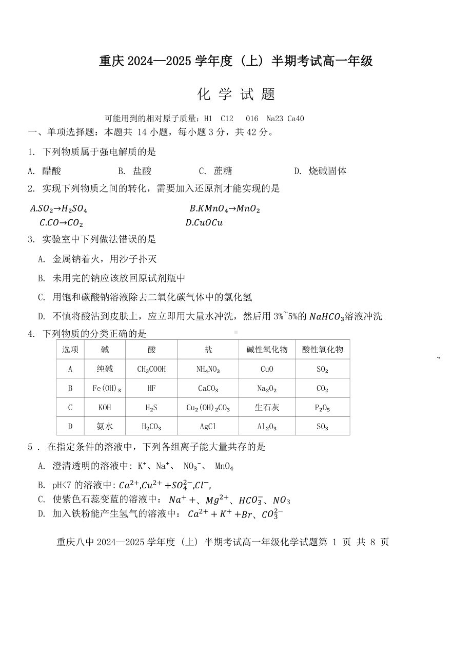 重庆2024—2025学年度 （上） 半期考试高一年级化学试题.docx_第1页