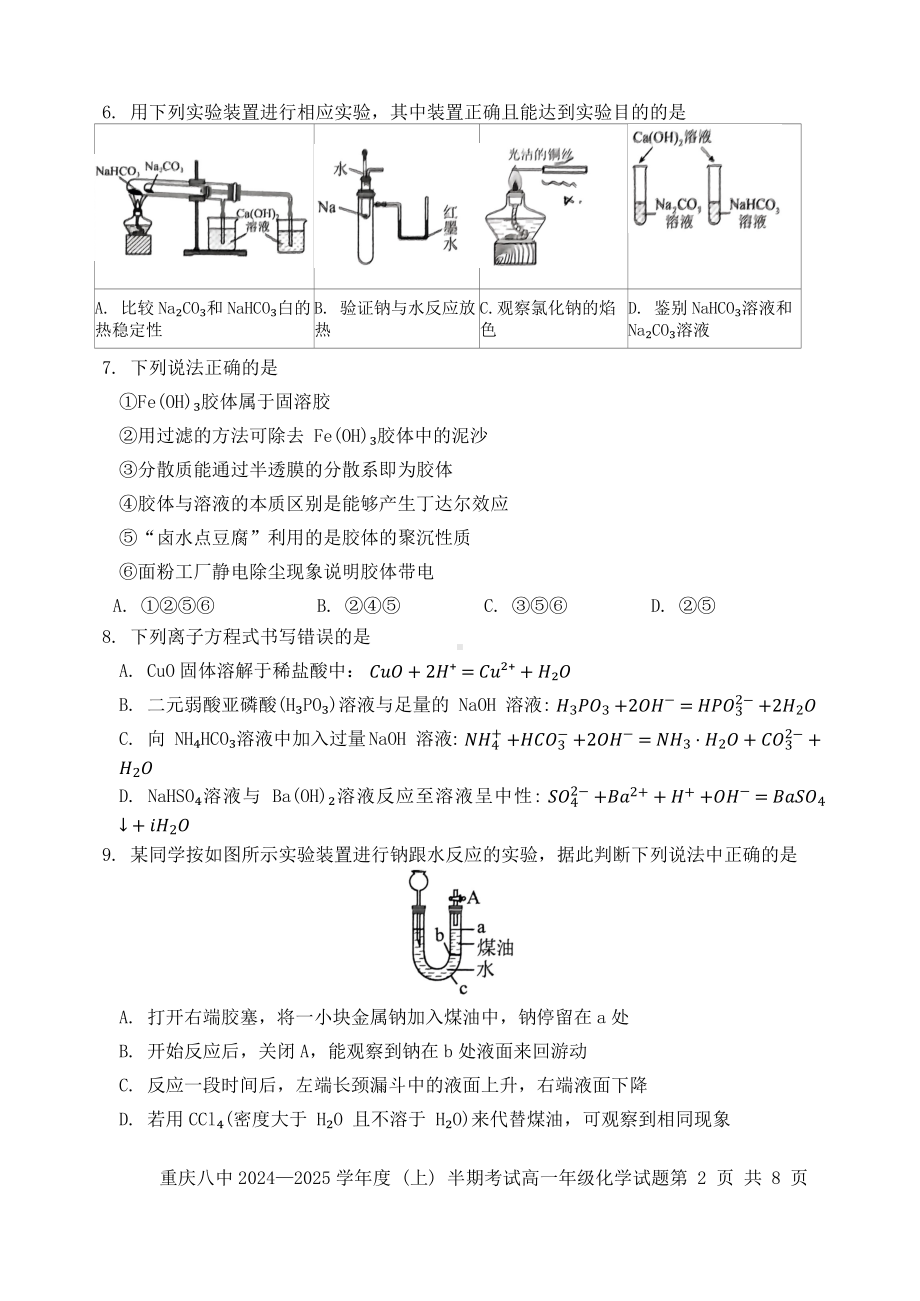 重庆2024—2025学年度 （上） 半期考试高一年级化学试题.docx_第2页