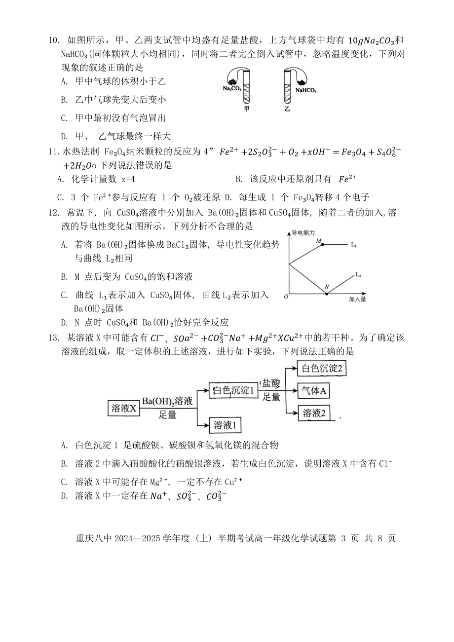 重庆2024—2025学年度 （上） 半期考试高一年级化学试题.docx_第3页