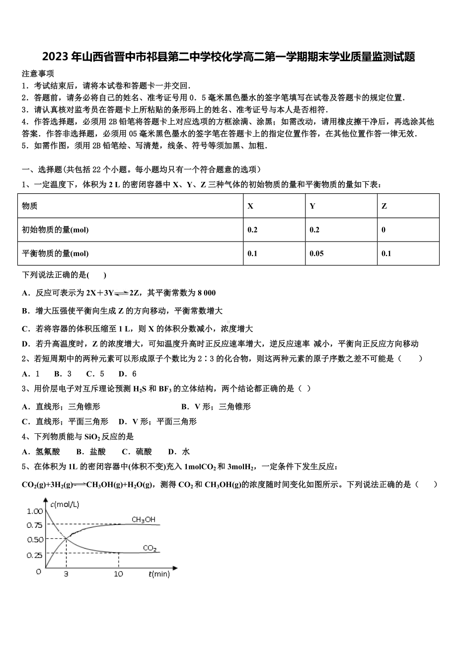 2023年山西省晋中市祁县第二中学校化学高二第一学期期末学业质量监测试题含解析.doc_第1页