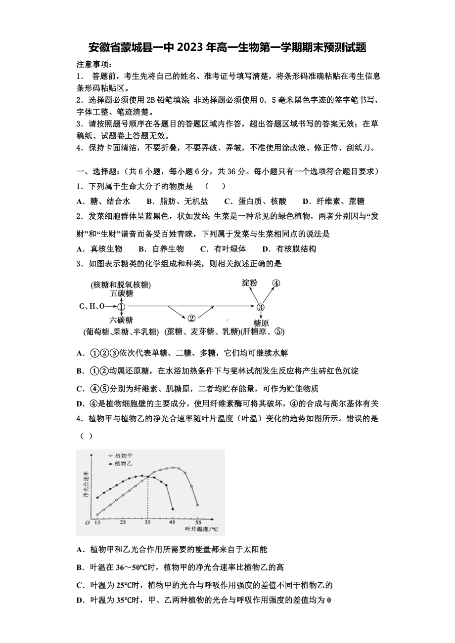 安徽省蒙城县一中2023年高一生物第一学期期末预测试题含解析.doc_第1页