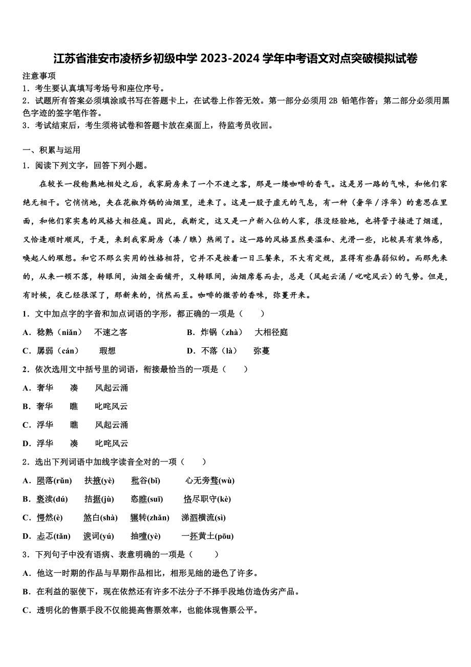 江苏省淮安市凌桥乡初级中学2023-2024学年中考语文对点突破模拟试卷含解析.doc_第1页