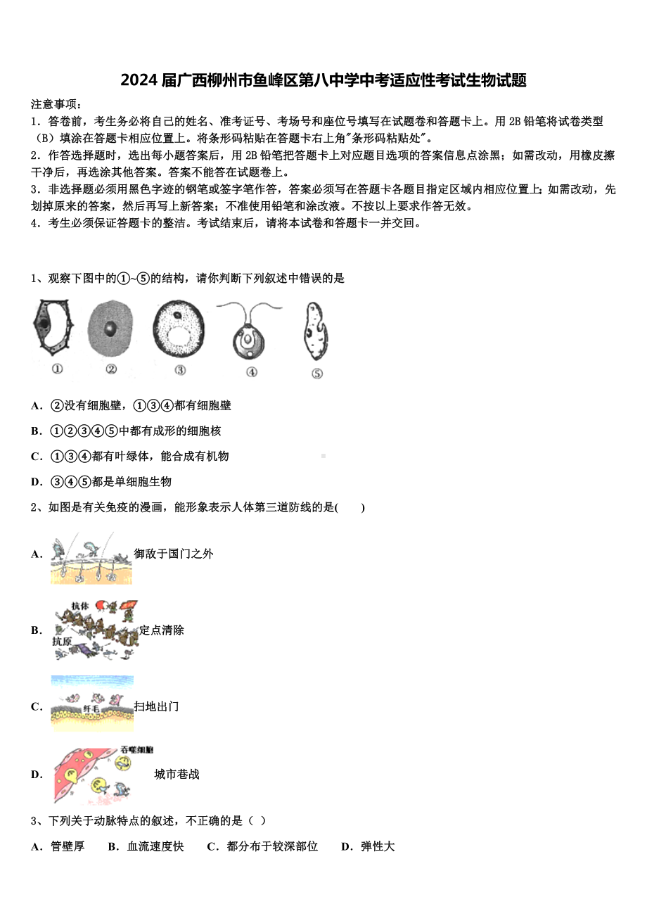 2024届广西柳州市鱼峰区第八中学中考适应性考试生物试题含解析.doc_第1页