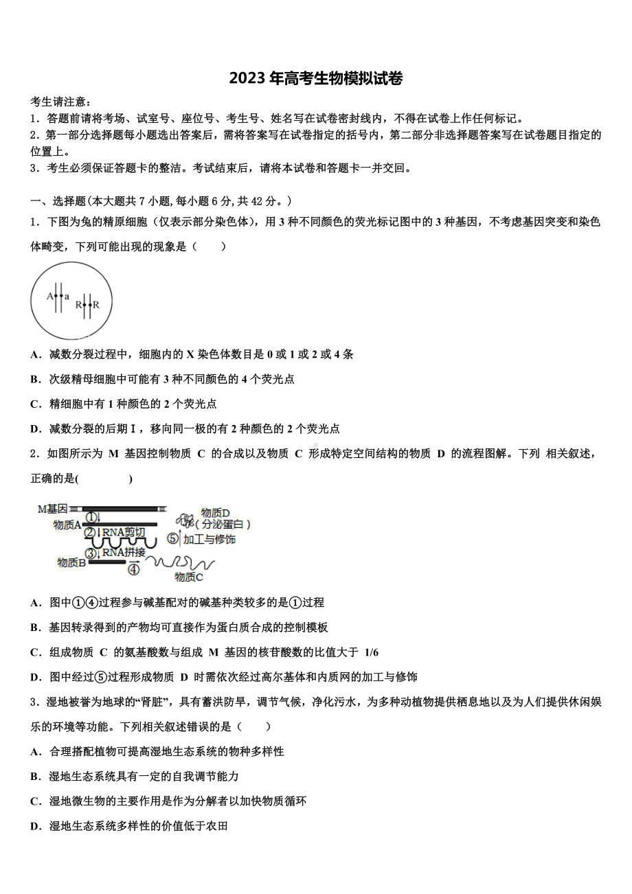 2023届江苏省盐城市时杨中学高三第二次调研生物试卷含解析.doc_第1页