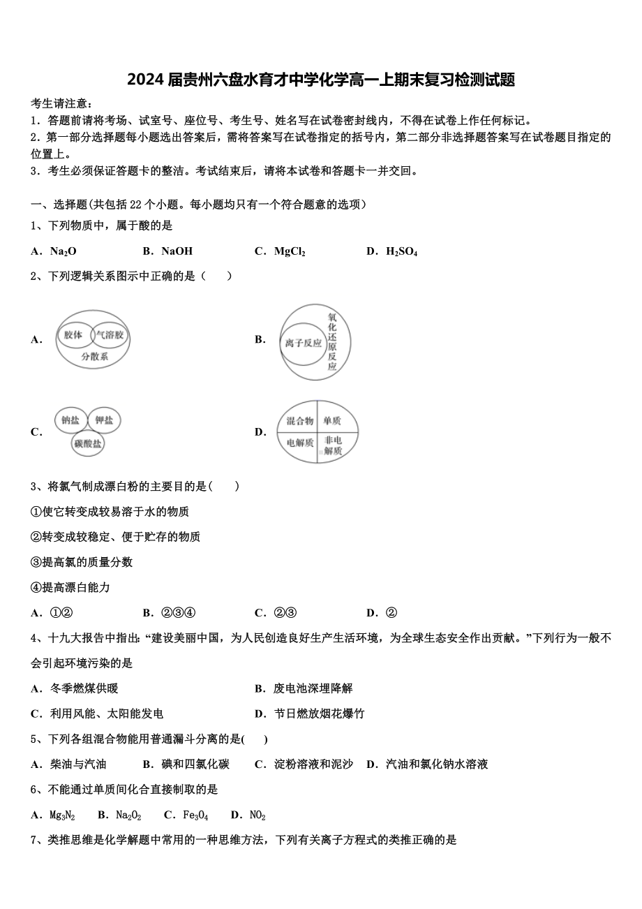 2024届贵州六盘水育才中学化学高一上期末复习检测试题含解析.doc_第1页