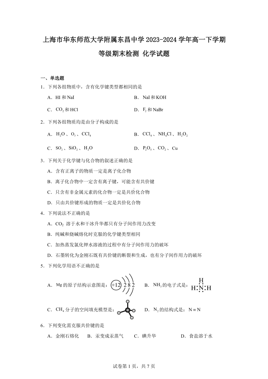 上海市华东师范大学附属东昌中学2023-2024学年高一下学期等级期末检测化学试题.docx_第1页