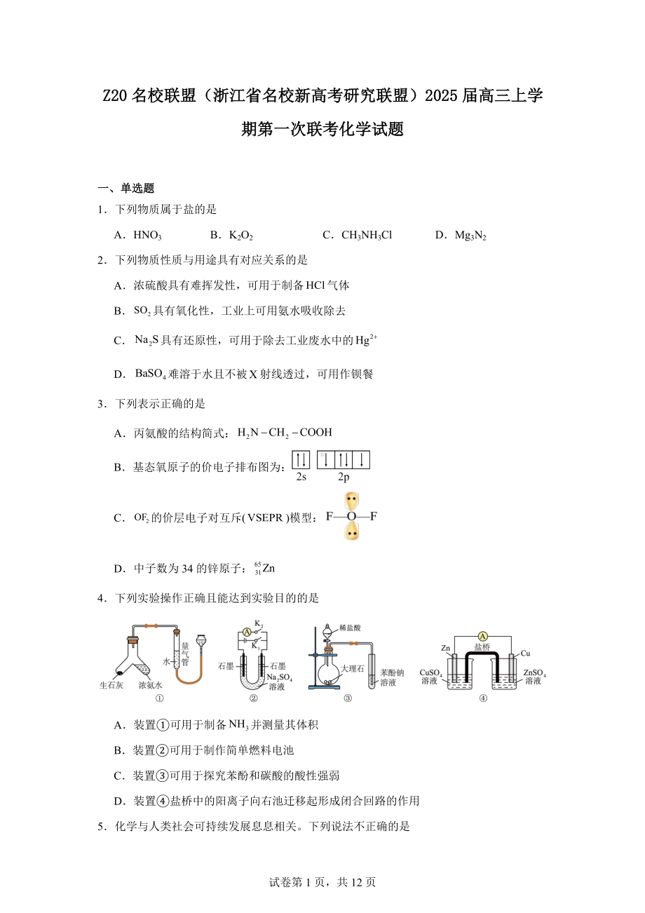 Z20名校联盟(浙江省名校新高考研究联盟)2025届高三上学期第一次联考化学试题.docx_第1页