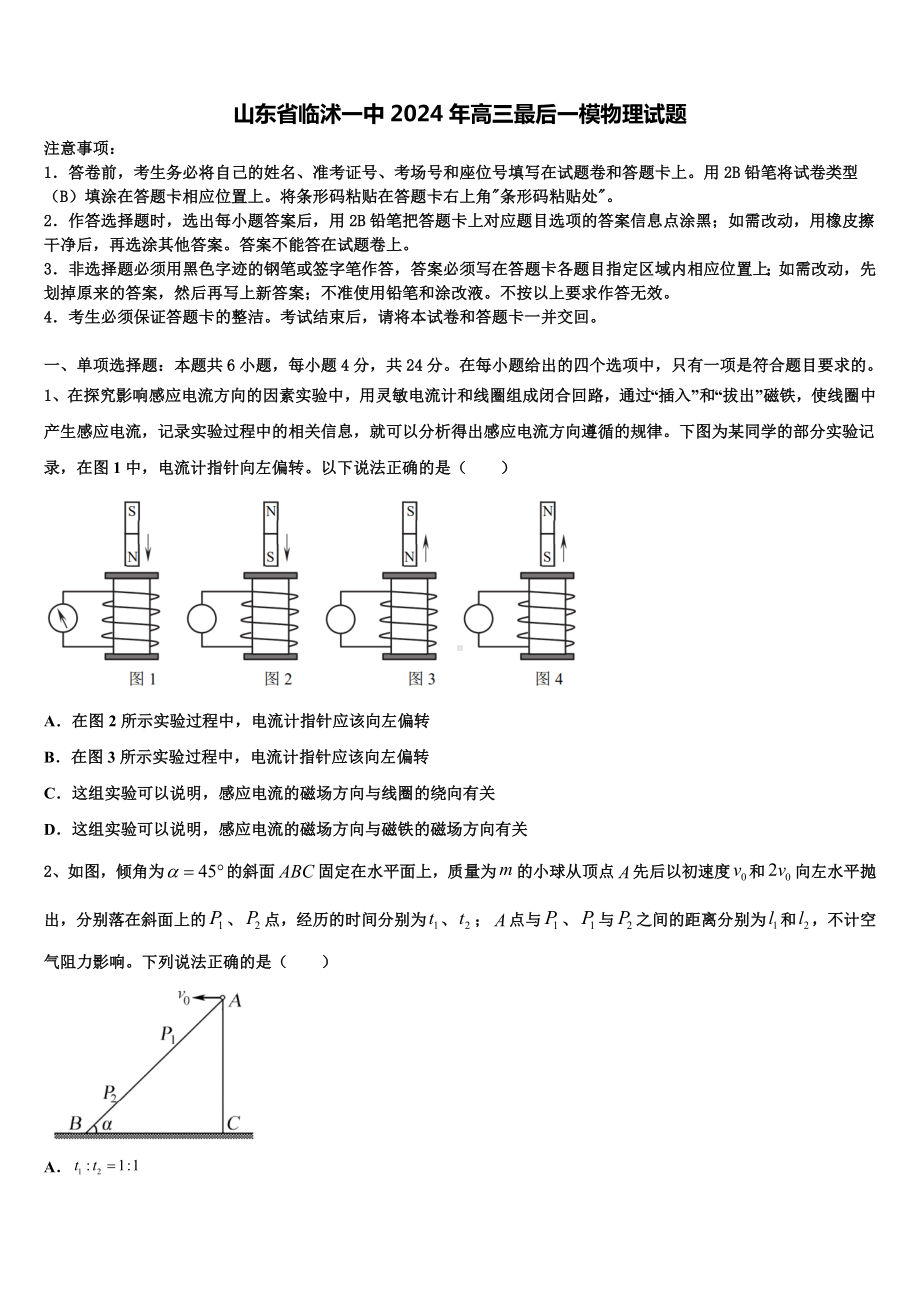 山东省临沭一中2024年高三最后一模物理试题含解析.doc_第1页