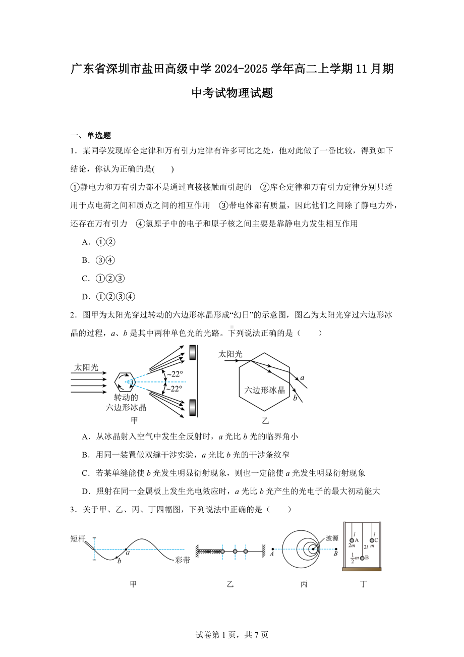 广东省深圳市盐田高级中学2024-2025学年高二上学期11月期中考试物理试题.docx_第1页