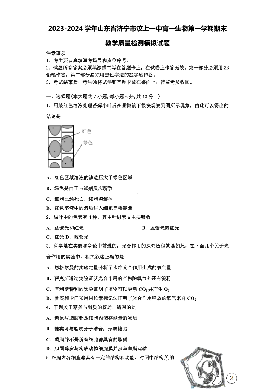 2023-2024学年山东省济宁市汶上一中高一生物第一学期期末教学质量检测模拟试题含解析.doc_第1页