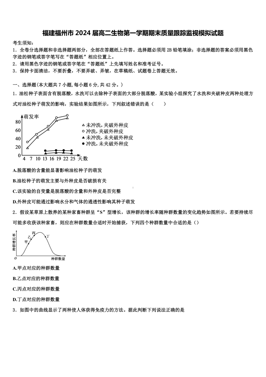 福建福州市2024届高二生物第一学期期末质量跟踪监视模拟试题含解析.doc_第1页