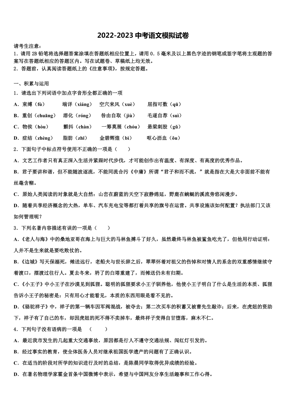 2023届福建省泉州第十六中学中考语文对点突破模拟试卷含解析.doc_第1页