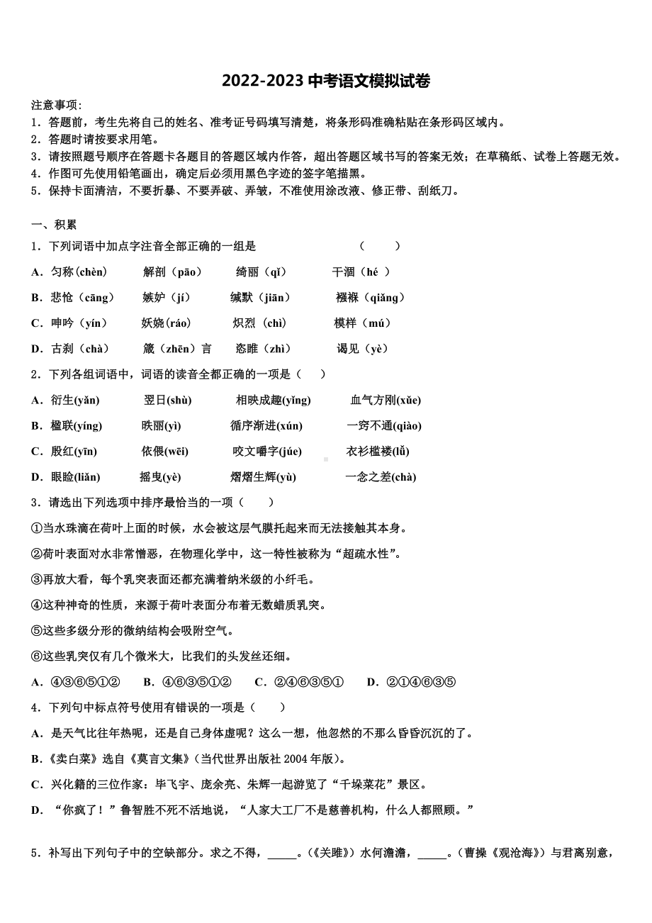 2023年浙江省玉环市达标名校中考冲刺卷语文试题含解析.doc_第1页