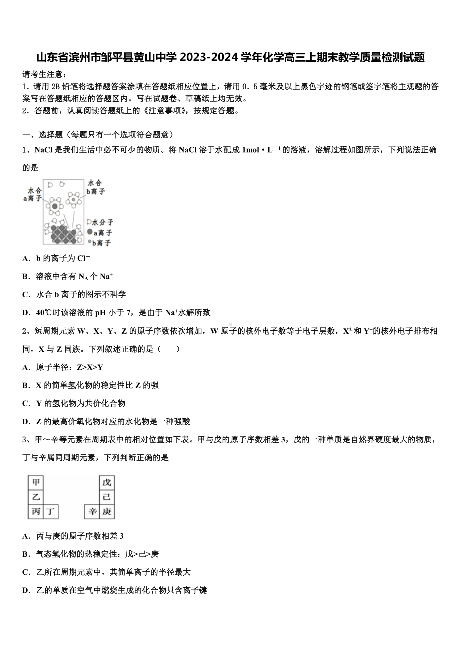 山东省滨州市邹平县黄山中学2023-2024学年化学高三上期末教学质量检测试题含解析.doc_第1页