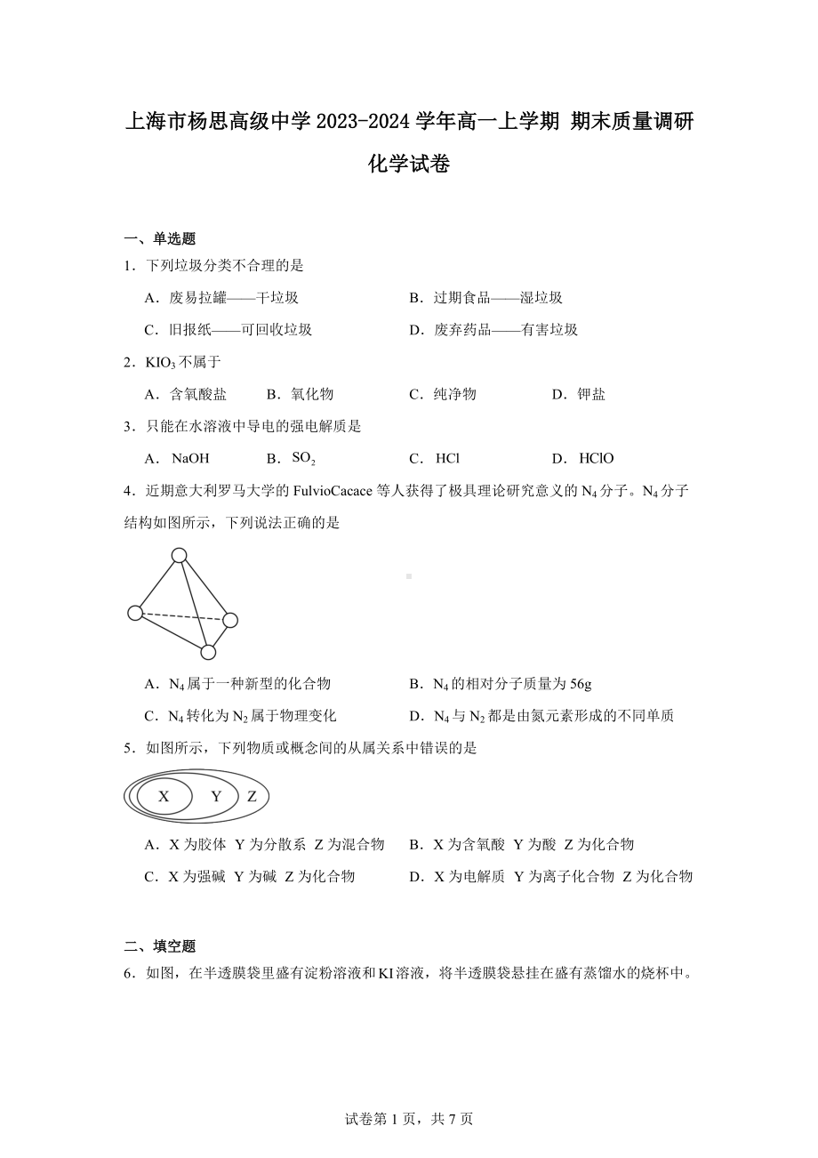 上海市杨思高级中学2023-2024学年高一上学期期末质量调研化学试卷.docx_第1页