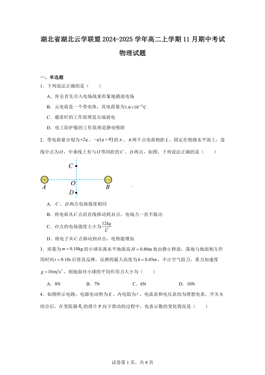 湖北省湖北云学联盟2024-2025学年高二上学期11月期中考试物理试题.docx_第1页