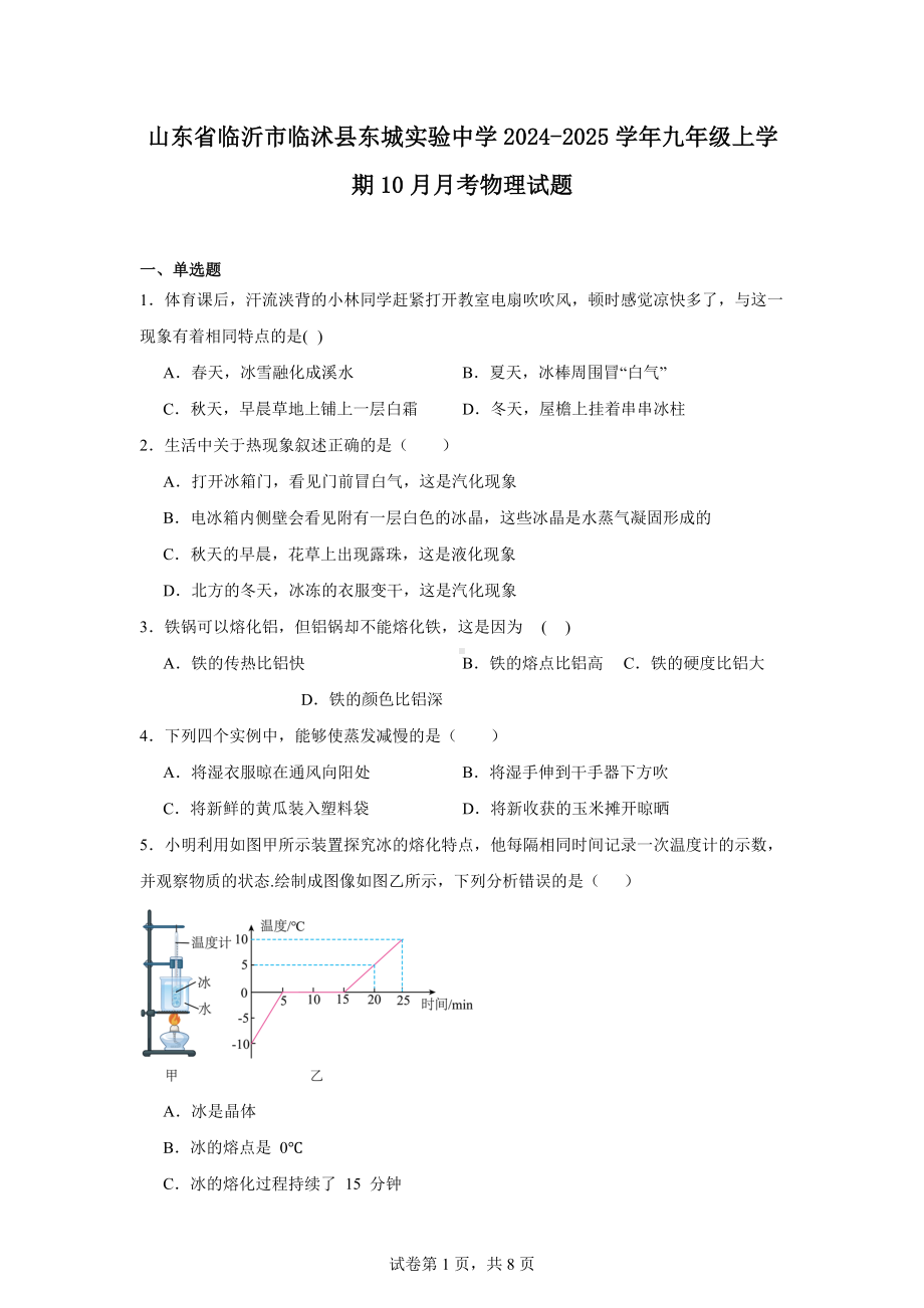 山东省临沂市临沭县东城实验中学2024-2025学年九年级上学期10月月考物理试题.docx_第1页