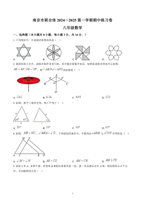 南京市联合体2024-2025八年级上学期期中数学试卷及答案.docx