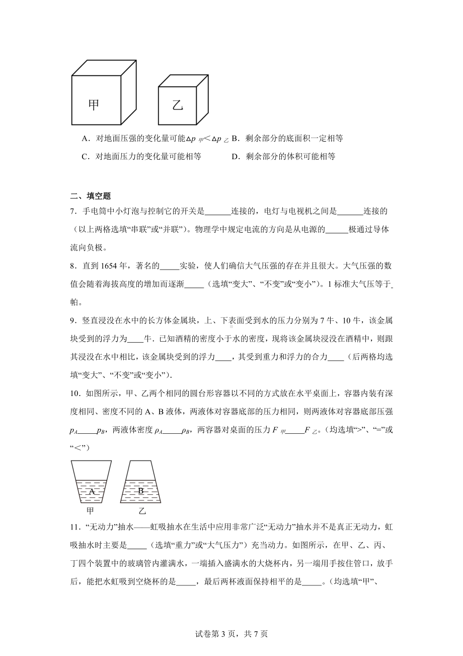 上海市存志东校2024-2025学年九年级上学期10月月考物理试题.docx_第3页