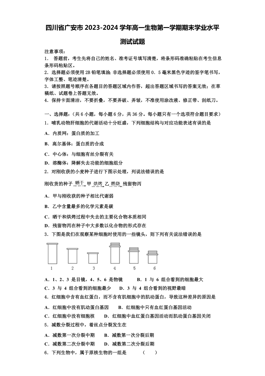 四川省广安市2023-2024学年高一生物第一学期期末学业水平测试试题含解析.doc_第1页