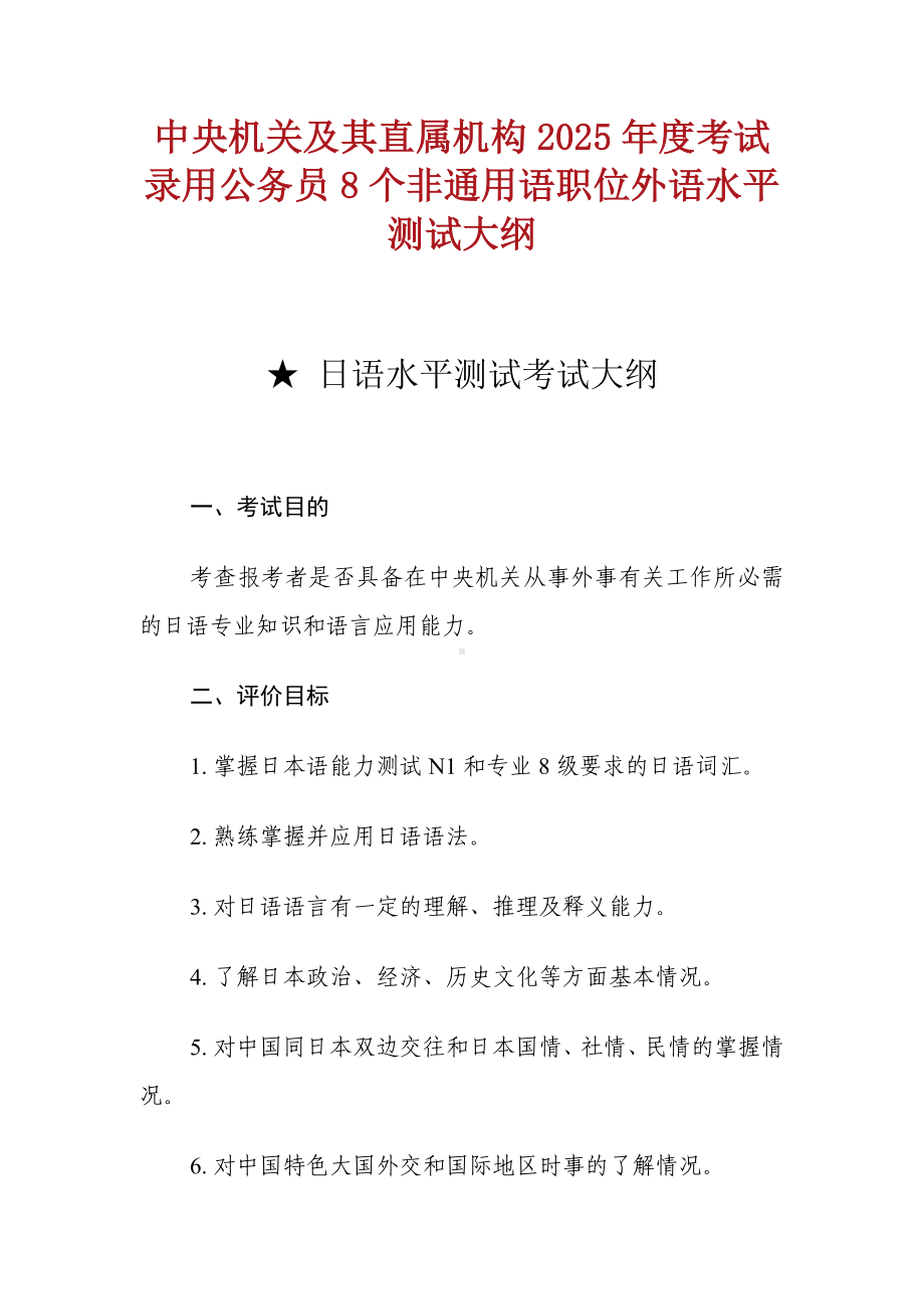 25年度考试录用公务员8个非通用语职位外语水平测试大纲.docx_第1页