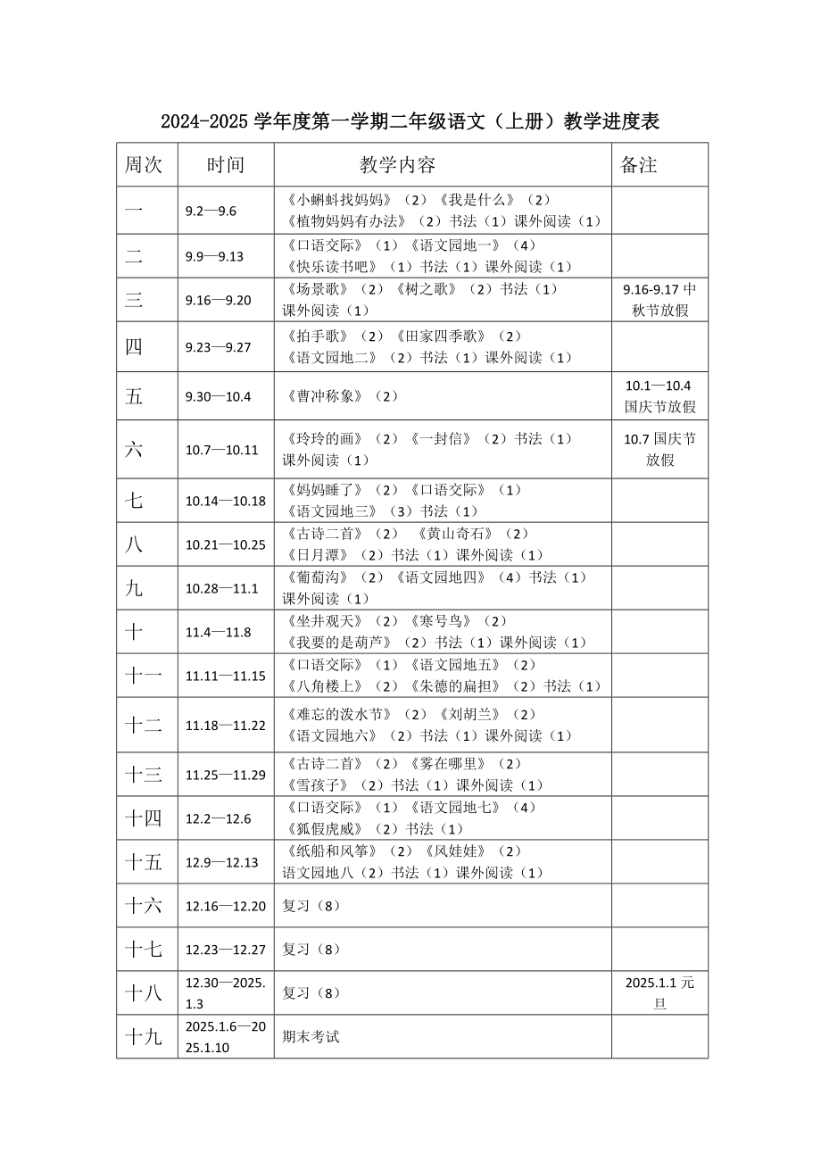 二年级上册语文教学进度表.doc_第1页