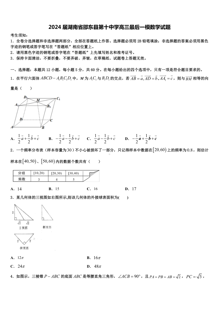 2024届湖南省邵东县第十中学高三最后一模数学试题含解析.doc_第1页