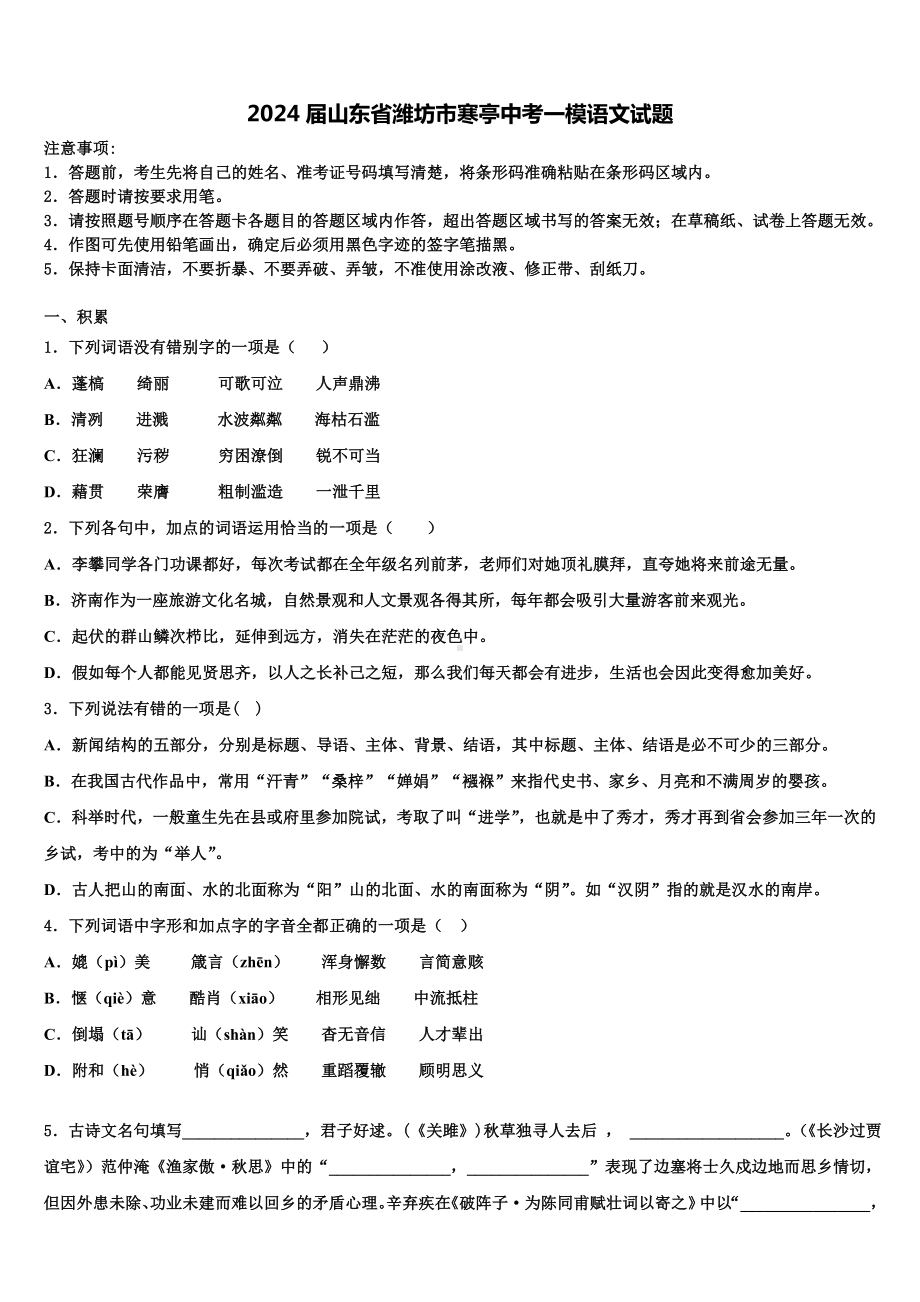 2024届山东省潍坊市寒亭中考一模语文试题含解析.doc_第1页