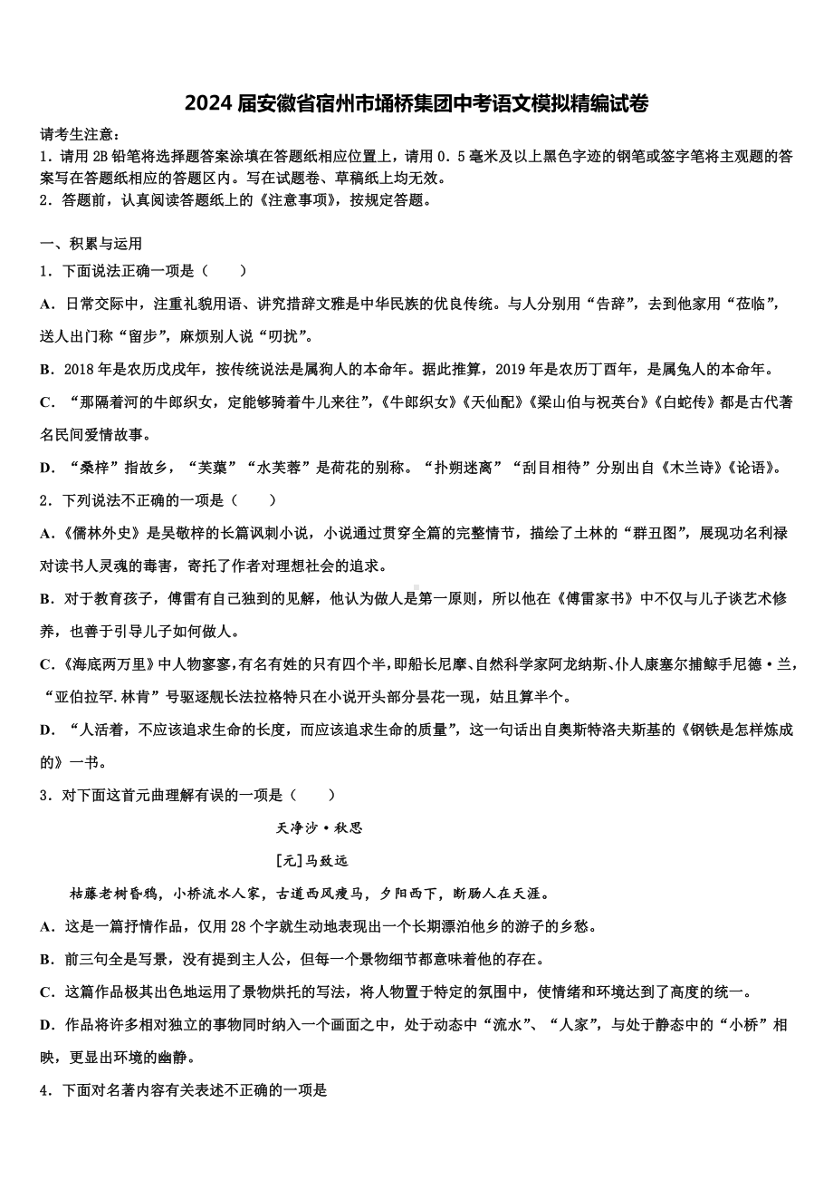 2024届安徽省宿州市埇桥集团中考语文模拟精编试卷含解析.doc_第1页