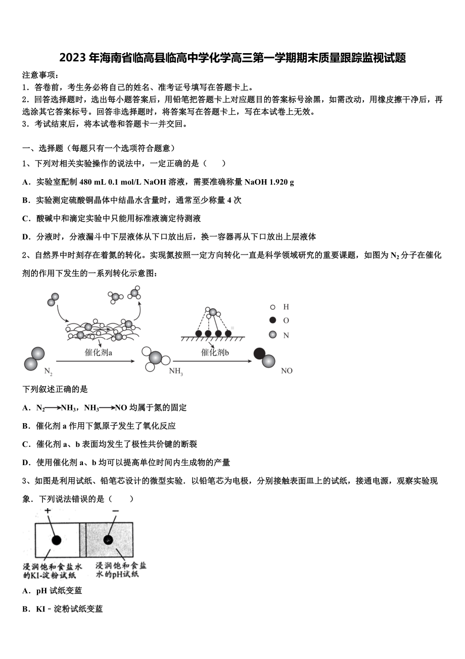 2023年海南省临高县临高中学化学高三第一学期期末质量跟踪监视试题含解析.doc_第1页